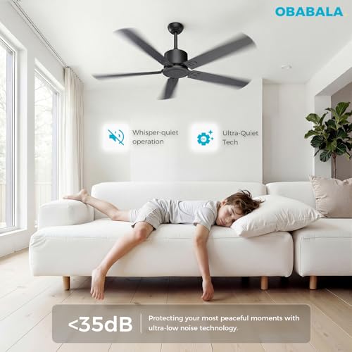 Image of Obabala Outdoor Ceiling Fan No Light, 52 Inch Black Modern Ceiling Fan Without Light, Dual Finish 5 Blades,6 Speed, Reversible Quiet DC Motor for Patios, Garage, Bedroom, Porch