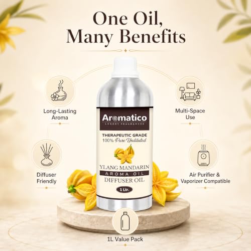 Image of AROMATICO Ylang Mandarin Diffuser Oil with Strong, Long-Lasting Aroma. Premium Aroma Oil for Homes, Offices & Showrooms. For Aromatherapy, Diffusers, Air Purifiers, Vaporizers - 1 L (1000 ml)