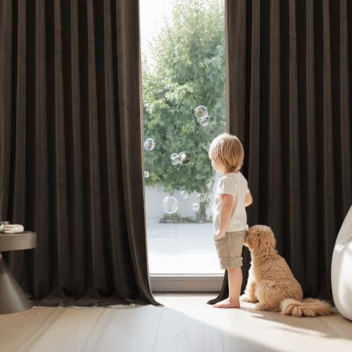 Image of StangH Brown Velvet Curtains 96 Inch Length, Elegant Espresso Drapes for High Ceiling Living Room, Soundproof Room Darkening Window Decor with Back Tab & Hook Belt, W52 x L96, 2 Panels