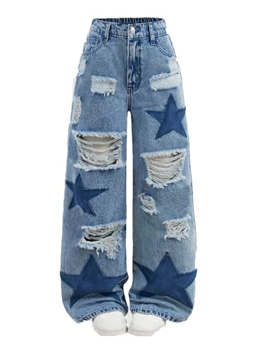 Image of Plus Size Women's High Waist Distressed Denim Jeans with Star Pattern,Ripped Design, Casual Streetwear Style (UK, Alpha, XXL, Plus, Regular, Blue)