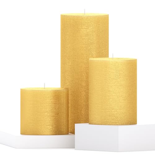 CANDWAX Assorted Pillar Candles Set of 3 - Sizes 7.6/10.2/20.3 cm - Unscented Candles Ideal for Weddings and Home Decor - Gold Candles