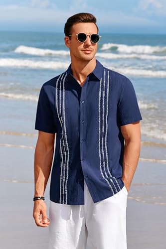 Runcati Mens Short Sleeve Guayabera Shirts Linen Cotton Button Down Mexican Embroidered Cuban Wedding Shirt Summer Beach Tops3