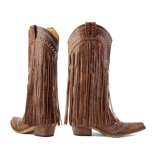 Fringe Cowboy Boots for Women Wide Calf Embroidered Tassal Cowgirl Boot Knee High Snip Toe Pull On Western Shoes3