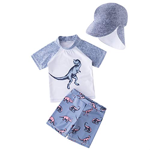 stylesilove Kid Boys Cute Dinosaur Rash Guard with Swim Hat 3pcs Blue Swimsuit Pool Party Swimwear Beach Bathing Suit (12-18 Months)