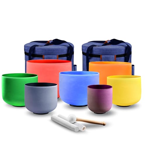 KRESEC 432Hz 6-12 Inch Crystal Singing Bowls Set of 7 – Multicolored Quartz Chakra Tuned Sound Healing Bowls for Meditation, Yoga & Reiki with Padded Cases, Suede Mallets & Silicone O-Rings
