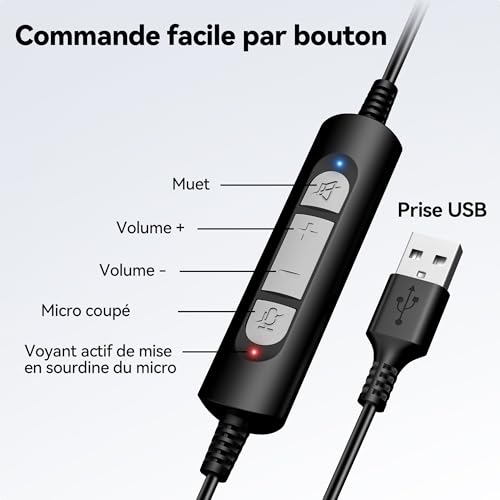 Casque USB avec microphone PC léger pour bureau et télétravail