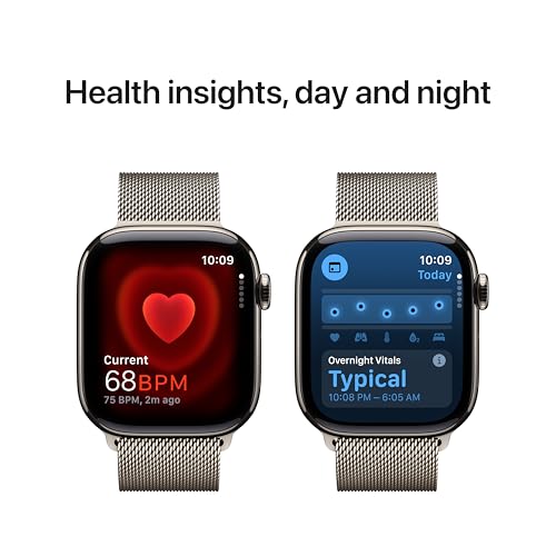 Image of Apple Watch Series 10 [GPS + Cellular 42 mm] Smartwatch with Natural Titanium Case with Natural Milanese Loop. Fitness Tracker, ECG App, Always-On Retina Display, Carbon Neutral