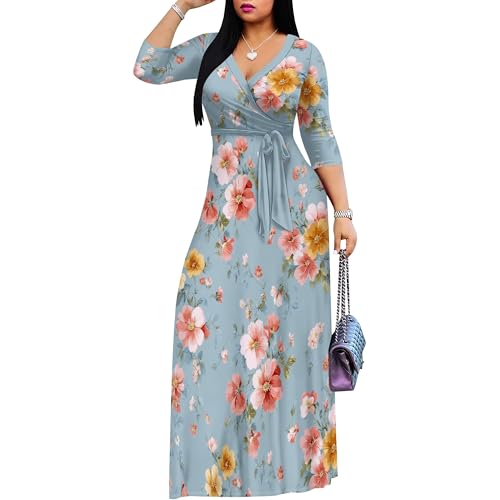 Image of PinkPatty Plus Size Maxi Dress for Women Casual V Neck 3 /4 Sleeve Boho Printed Long Dress with Pockets
