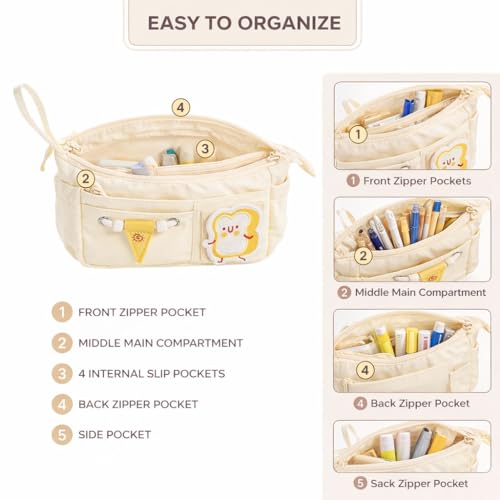 Image of Canvas School Bag Pencil Case, 3 Layer 6 Compartment Large Capacity, Aesthetic Pencil Pouch for Stationary, Cute Stationery for Kids, Pencil Case for Girls & Boys (Cream)