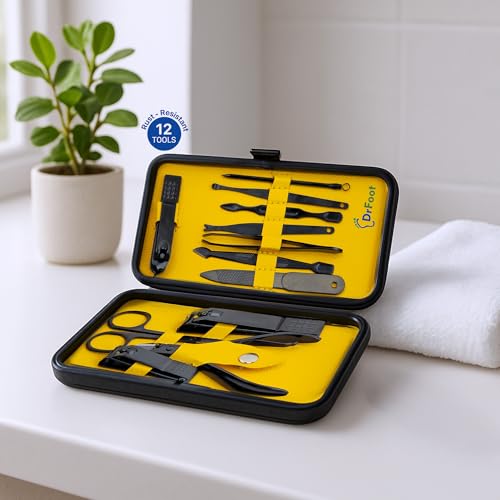 Dr Foot Manicure & Pedicure Kit for Women & Men | Nail Cutter set | Manicure Kit | Grooming Kit for men | Pedicure Set | Manicure Kit for Women | Nail clippers | Black Leather Travel Case | 12 in 1