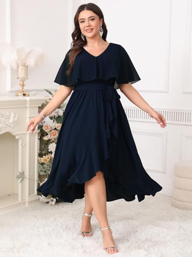 Image of Women Plus Size Long Formal Dress Short Sleeve Chiffon Ruffle V Neck High Low Split Wedding Guest Maxi Dresses