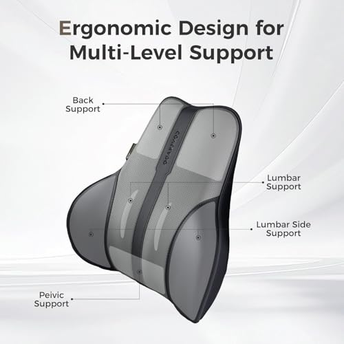 Image of Coverado Lumbar Support Pillow for Car, Ergonomic Memory Foam Back Pillow for Office Chair, Back Cushion for Back Pain Relief, PU Leather Car Lumbar Support for Driving Seat - Black&Gray