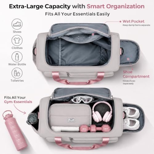 Image of FIORETTO Women's Gym Duffle Bag with Shoes Compartment, 30L Capacity, Ideal for Travel, Gym, Sports, Duffel, Weekender