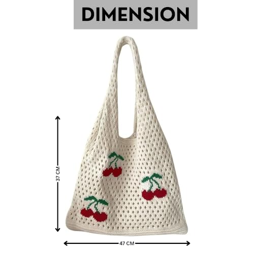 Image of CHERRY Pattern Crochet Tote Bag for Women - Beige Knit Shoulder Handbag, Lightweight Large Capacity Summer Beach Bag, Shopping, Travel & Daily Use Casual Tote