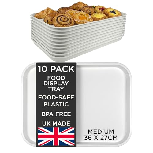 Chabrias Ltd 10 Pack White Plastic Food Display Trays - 36x26cm - UK Made - BPA Free Food Grade Butcher Meat Display Trays for Deli, Cafe, Bakery, Catering, Counter & Professional Use - Medium 36x26cm