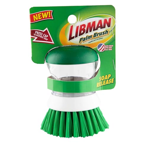 Image of Libman Palm Brush with Soap Dispenser - Dish Brush for Pots, Pans & Kitchen Sink Cleaning - Ergonomic Grip, Non-Leaking Button, Durable Angled Bristles - Recycled PET Fibers - 4 inch x 3.25 inch