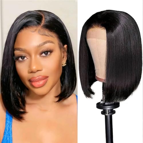 Bob Wig Human Hair 13x4 HD Lace Front Wigs for Women Straight Full Frontal Bob Wigs Pre Plucked Glueless Human Hair Brazilian Real Short Bob Human Hair Wig 180% Density Natural Black Color 10 Inch