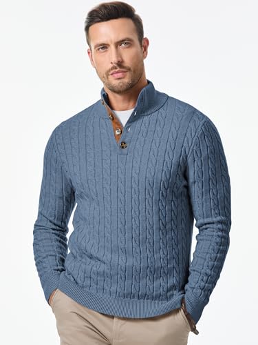 Image of JMIERR Men's Cable Knit Pullover Sweater Casual Long Sleeve Stand Collar Button Knitted Sweaters