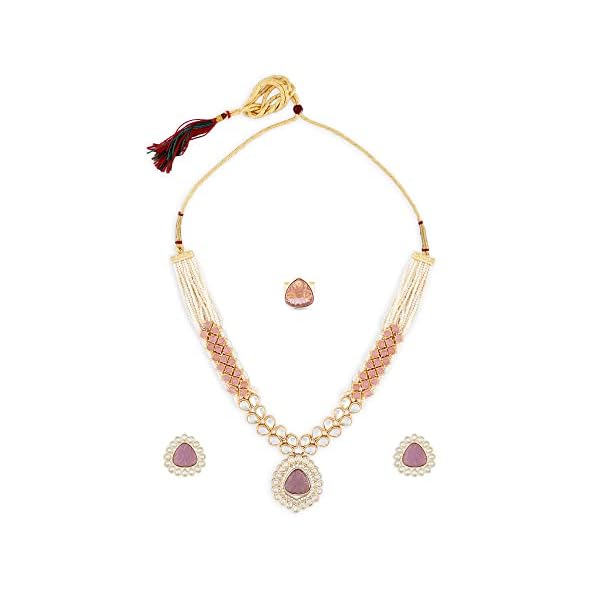 ZAVERI PEARLS Pink Purple Stones Embellished Kundan Necklace Earring & Ring Set For Women-ZPFK15937