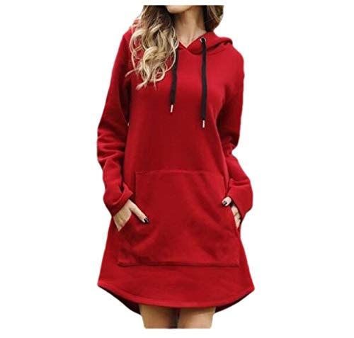 Comaba Vestido feminino de moletom com capuz e bainha alta e baixa, Vermelho, X-Large