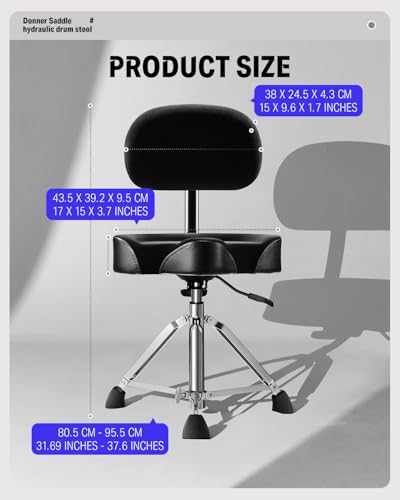 Donner Drum Throne with Backrest, Heavy Duty Hydraulic Drum Stool Height Adjustable Motorcycle Style Drum Seat Saddle Drum Throne for Adults Drummers (Black) - image 7