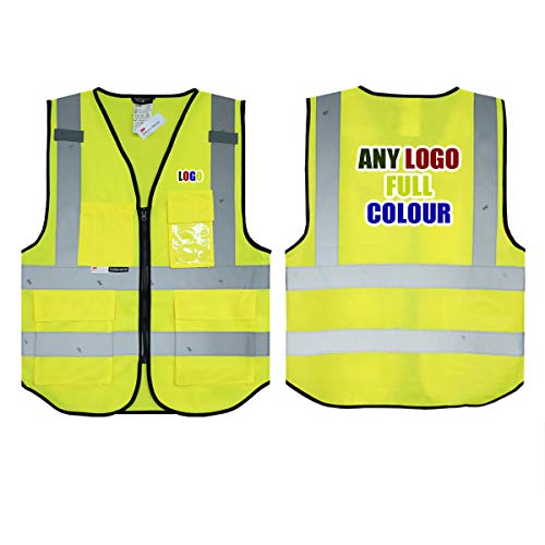 Personalised Full Colour Logo Yellow Salzmann 3M High Visibility Safety Vest Multi Phone ID Pocket Hi-Vis Waistcoat 3M Reflective Tape