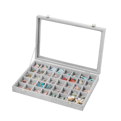 Frebeauty 40 Grid Earring Organizer,Velvet Jewelry Tray with Clear Lid