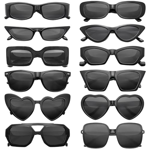 SUNOVELTIES Paquete de 12 lentes de sol negros mezclados, clásicos, retro, para fiestas, accesorios de disfraces, gafas a granel para adultos unisex