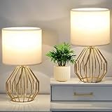 KRASTY Small Gold Table Lamps, Set of 2 Bedside Nightstand Lamps with White Fabric Shade, Metal Base, Hollow Geometric Desk Lamps for Bedroom, Living Room, Office