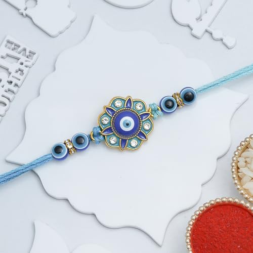 Image of eCraftIndia Flower Evil Eye Rakhi for Brother Bhaiya Bhai with Best Bro Ever Fridge Magnet | Roli Chawal Pack