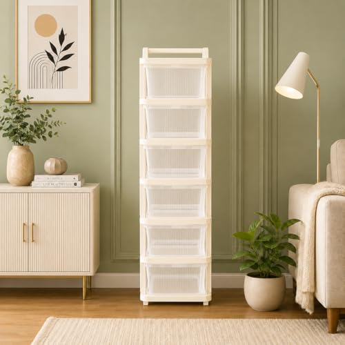 Image of URBAN LUXY Plastic Storage Drawer Organizer with Wheels | Multi-Purpose Chest of Drawers for Home, Office & Bedroom | Clothes, Toys & Stationery Organizer (Ivory & Brown, 6 Layer)