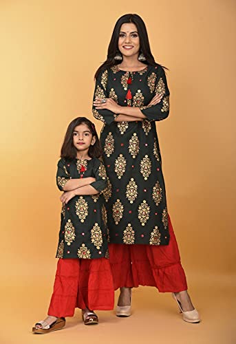 Buy Mother Daughter Same Dress Combo Green Foil Kurta Sharara Set Size  [M-S,D-4-6 Year] at Amazon.in