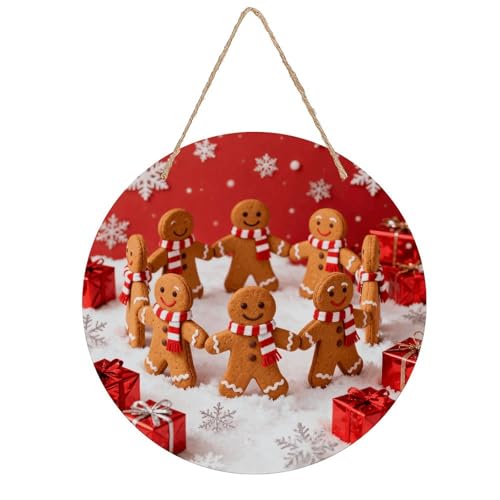 Image of Christmas Red with Gingerbread Man Round Wooden Wall Art Rustic Vintage Hanging Plaque Natural Handmade Wall Decoration for Indoor Bedroom Living Room Farmhouse Bathroom Decor