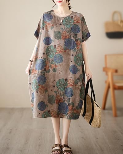 Image of LUZU JUNU Women's Summer Baggy Plus Size Loose Cotton Linen Long Boho Beach Dress with Pockets