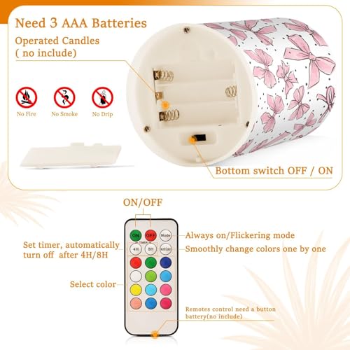 Image of Flickering Flameless Candles, Cute Bows Pink LED Candles with Remote Timer, Set of 2 Battery Operated Candle for Valentine Wedding Birthday