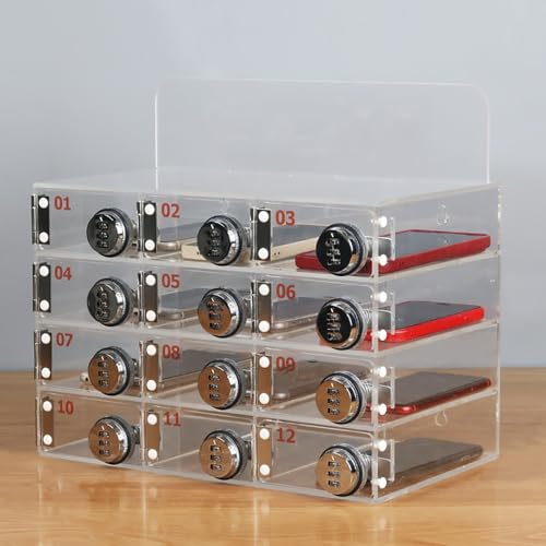 9/12/15 Slots Cell Phone Storage Box with Combination Lock, Clear Acrylic Cellphone Locker, Wall-Mounted Storage Cabinet for Schools Office Gym Factory Employees(42x19x32cm)
