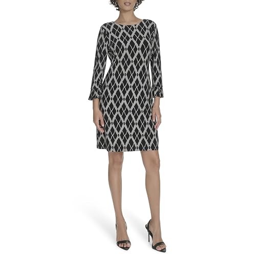 Image of Tommy Hilfiger Women's 3 /4 Ruffle Trim Sleeve Round Neck Jersey Shift Mini Dress