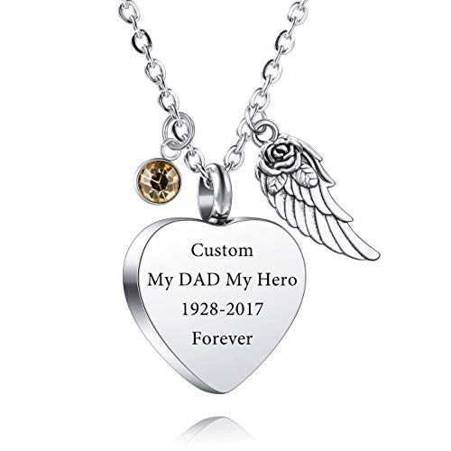 VIBOOS Personnalisé Aile d'ange Pendentif Coeur Urne Collier Gravure Pierres de Naissance pour Hommes Femmes Garçon Fille Chien Chat Animal Compagnie Cendres Mémorial Souvenir Crémation Entonnoir Kit Cover