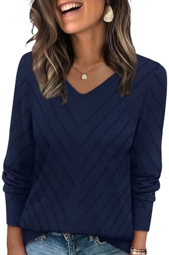 WIHOLL Womens Long Sleeve Tops Casual Fall Sweaters V Neck Cashmere Knit Pullover Lightweight Business Casual Outfits Basic Tops for Teachers Travel Vacation Clothes Navy 2XL