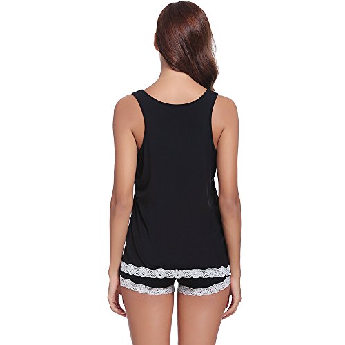Bapooway Womens Bamboo Viscose Pajamas Soft Pajama Set Lace Trim Sleepwear Slips Tank Top With Shorts Pjs S-4X, Black, X-Large #TOP2