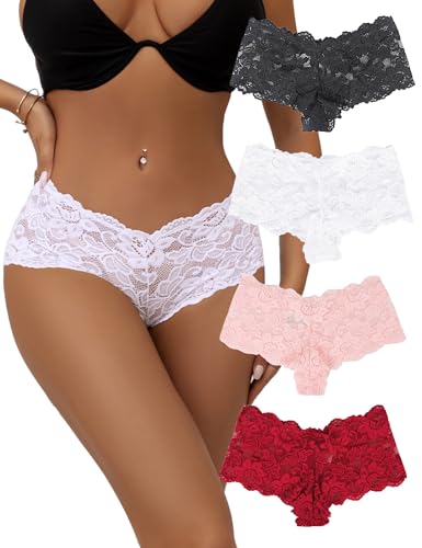 sunshinelady Brazilian Knickers for Women Multipack 4 Pack Floral Lace French Knickers Plus Size Stretchy Sexy Panties with Cotton Crotch Womens Underwear Hipster Tanga UK 14