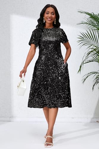 Image of Sequins Glitter Short Sleeve Women's Maxi A-line Dress - Sparkly Party Elegant