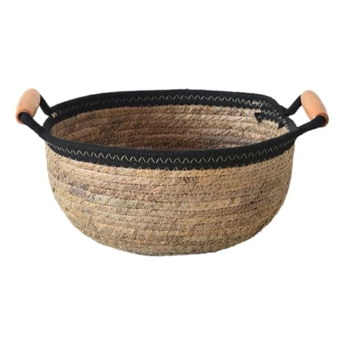 Natural Woven Banana Rope Basket Living Room Storage Solution Snacks Toy Organiser with Wood Handle for Home Use
