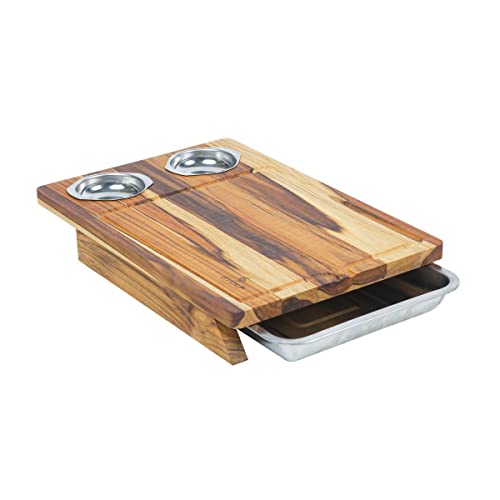 Tábua Madeira Teca 44 x 30 cm c/Bandeja Para servir + 2 Potes Inox, Stolf