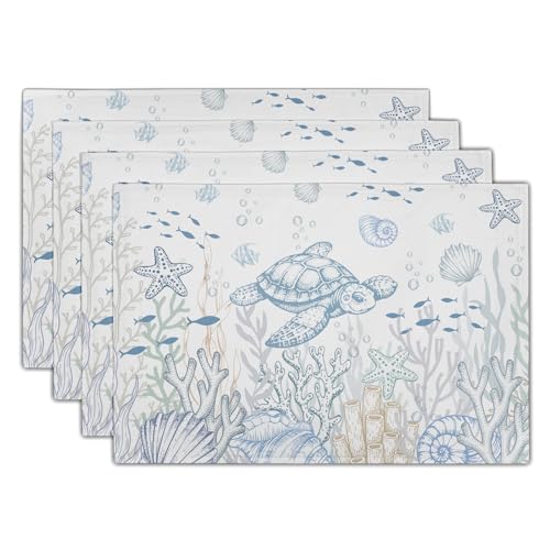 Giwawa Coastal Sea Turtle Placemats Set of 4, Ocean Life Nautical Tortoise Place Mat, Summer Starfish Seashell Beach Themed Washable Table Mats for Kitchen Dining Seasonal Party Decor, 12"x18"
