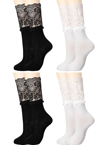 Image of Fourluoo 4 Pairs Women's Lace Socks Calf Stocking with Lace Trim Long Knee High Stockings Lolita Boot Socks