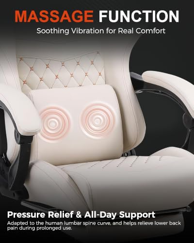 Image of Gaming Chair with Massage and Footrest, Big and Tall Ergonomic High Back PU Leather Computer Office Chair for Heavy Adults, Supports 350LBS, Ivory