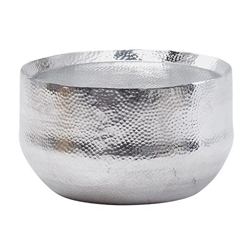 möbelando Couchtisch Aluminium Silber 60x60x35 cm Wohnzimmertisch Hammerschlag | Designer Sofatisch Rund Alu Orientalisch | Runder Kaffeetisch Metall Klein