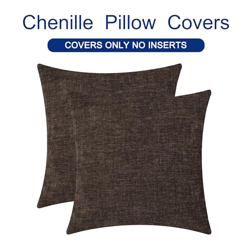 Image of CaliTime Pack of 2 Cozy Throw Pillow Covers Cases for Couch Sofa Home Decoration Solid Dyed Soft Chenille 18 X 18 Inches Coffee