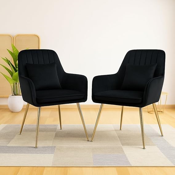 Image of Toxigo Velvet Office and Garden Area Outdoor Chairs | Cushion Seat Chair with Pillows for Modern Contemporary Upholstered with Polished Rosegold Metal Designer Piece | Set of 2 (Grey)